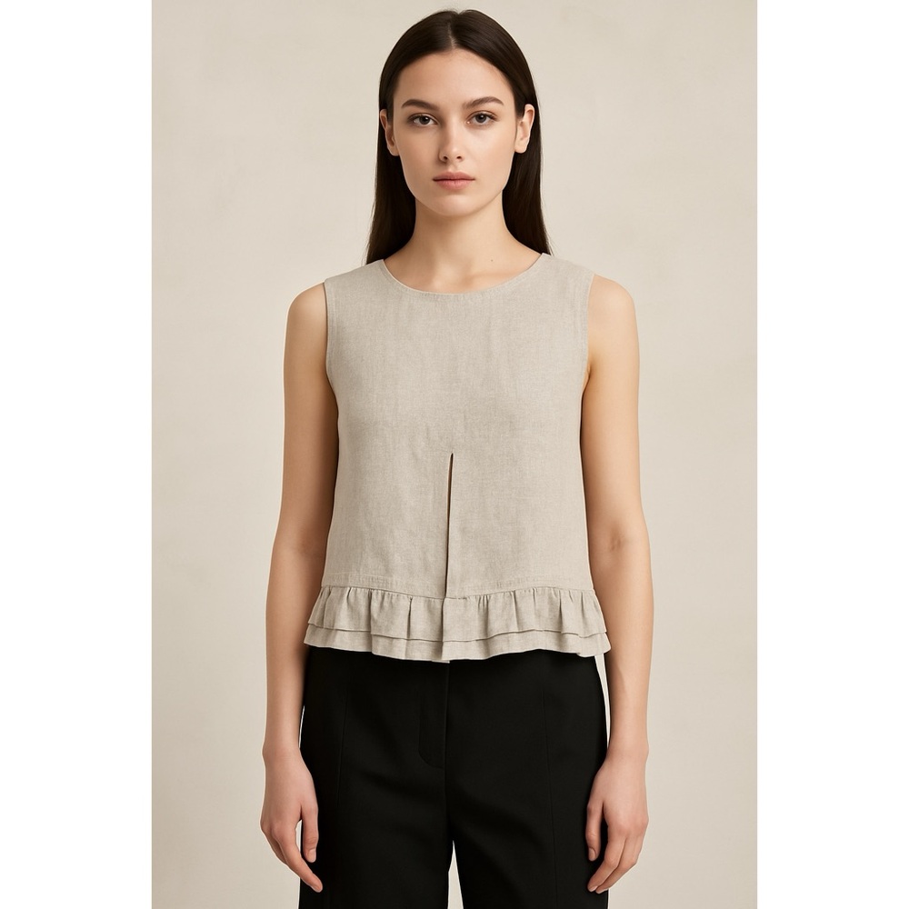 Ivan Grundahl Linea S Designer Linen Ruffle Peplum Sleeveless Blouse Tank Top